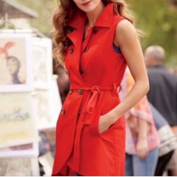 Cabi Poppy Red Runway High Low Button Front Sleeveless Trench Jacket Size 12 - Picture 4 of 10